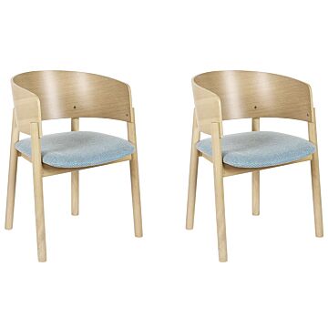 Set Of 2 Dining Chairs Light Wood And Blue Plywood Polyester Fabric Rubberwood Legs Retro Traditional Style Beliani