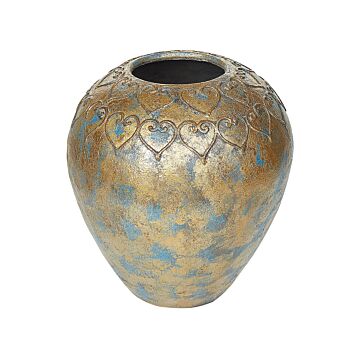 Decorative Vase Gold Blue Terracotta 33 Cm Oval Antiqued Look Beliani