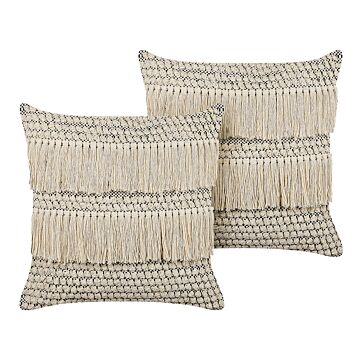 Set Of 2 Decorative Cushions Beige Cotton 45 X 45 Cm With Tassels Boho Decor Accessories Beliani
