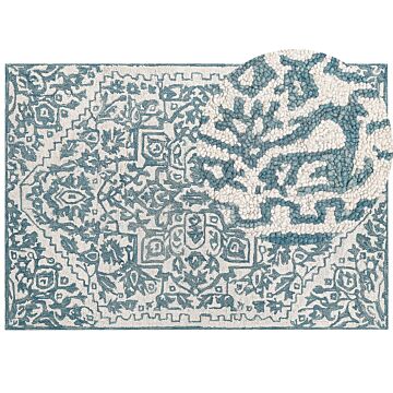 Area Rug White Blue Wool 160 X 230 Cm Flat Weave Hand Tufted Oriental Pattern Beliani