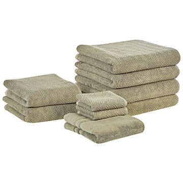 Set Of 9 Towels Green Terry Cotton Chevron Pattern Texture Bath Towels Guest Towels Hand Towels Bath Mat Beliani
