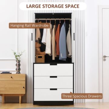 Homcom 2 Door Wardrobe, Modern Wardrobe With 3 Drawers And Hanging Rod For Bedroom, White