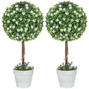 Homcom Set Of 2 Decorative Artificial Plants, Ball Topiary Tree With Rose Flower In Pot, Fake Plants For Home Indoor Outdoor Decor, 60cm, White