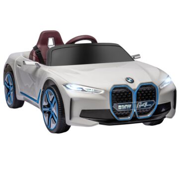 Homcom Bmw I4 Licensed 12v Kids Electric Ride On Car W/ Remote Control, Powered Electric Car W/ Portable Battery, Music, For Kids Aged 3-6, White