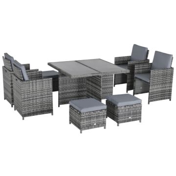 Outsunny 9pc Rattan Dining Set Garden Furniture 8-seater Wicker Outdoor Dining Set Chairs + Footrest + Table Thick Cushion - Grey