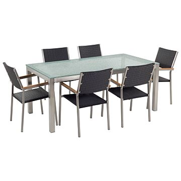 Garden Dining Set Black With Cracked Glass Table Top Rattan Chairs 6 Seats 180 X 90 Cm Beliani