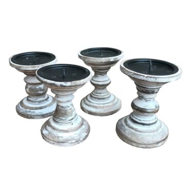Set Of 4 White Wooden Candlestick Church Pillar Candle Holders