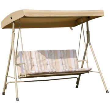 Outsunny 3 Seater Garden Swing Chair Patio Rocking Bench W/ Tilting Canopy, Removable Cushion, Light Brown Top, Brown