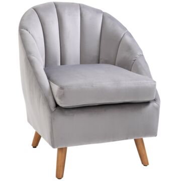 Homcom Accent Chair Velvet Fabric Single Sofa Armchair Home Living Room Solid Wood Leg Upholstered Side Armchair Grey