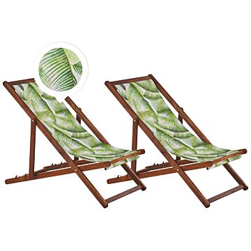 Set Of 2 Garden Deck Chairs Dark Acacia Wood Frame Palm Leaves Pattern Replacement Fabric Hammock Seat Reclining Folding Sun Lounger Beliani