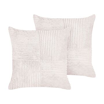 Set Of 2 Decorative Pillows Off-white Corduroy 43 X 43 Cm Striped Pattern Modern Design Throw Cushions Beliani