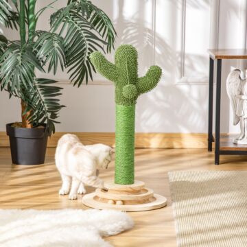 Pawhut Cat Tree Cactus-shaped Tower Kitten Furniture With Sisal Scratching Post Hanging Ball Funny Cat Ball Platform 32 X 32 X 60cm Green