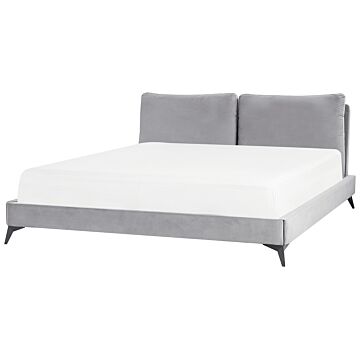 Eu Super King Size Bed Grey Velvet Upholstery 6ft Slatted Base With Thick Padded Headboard With Cushions Beliani