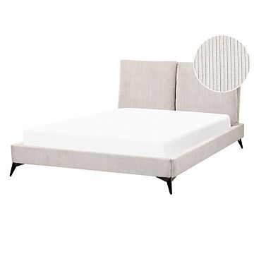 Eu Double Size Bed Light Beige Corduroy Upholstery 4ft6 Slatted Base With Thick Padded Headboard With Cushions Beliani