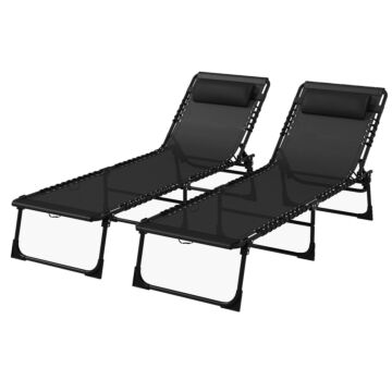 Outsunny 2 Pcs Folding Sun Lounger Beach Chaise Chair Garden Cot Camping Recliner With 4 Position Adjustable Black