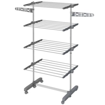 Homcom 4-tier Clothes Airer, Foldable Clothes Drying Rack, Stainless Steel Indoor And Outdoor Clothes Dryer With Wheels And Wings, Easy Assembly, 142 X 55 X 172cm, Grey