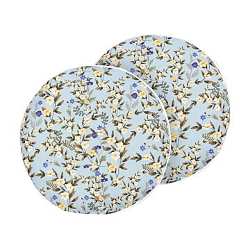 Set Of 2 Outdoor Cushions Blue Polyester ⌀ 40 Cm Round Floral Print Pattern Scatter Pillow Garden Patio Beliani