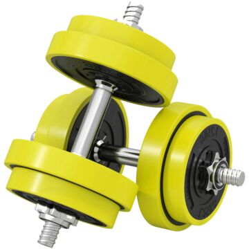 Homcom 20kgs 2-in-1 Dumbbell & Barbell Adjustable Set Strength Muscle Exercise Fitness Plate Bar Clamp Rod Home Gym Sports Area, Yellow