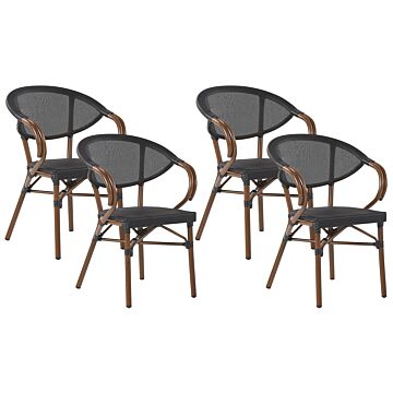 Set Of 4 Garden Chairs Dark Wood Aluminium Frame Black Textile Seat Stackable Beliani