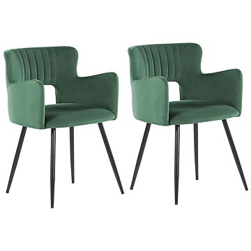 Set Of 2 Chairs Dining Chair Dark Green Velvet With Armrests Cut-out Backrest Black Metal Legs Beliani