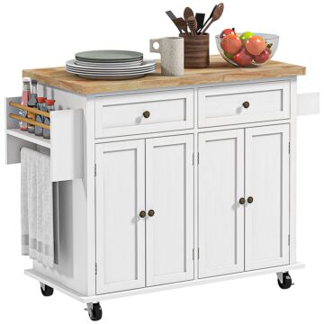 Homcom Rolling Kitchen Island Storage Trolley With Rubber Wood Top & Drawers For Dining Room, White