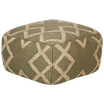 Pouffe Green And Beige Jute And Wool 50 X 50 Cm Geometric Pattern Style Washed Out Colurs Beliani