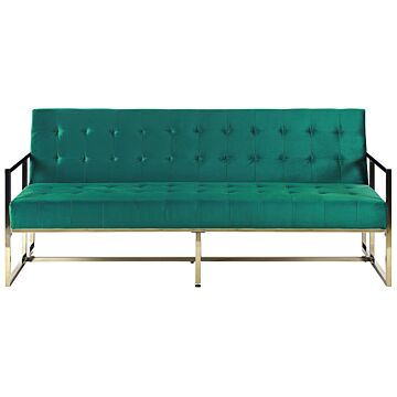Sofa Bed Green Velvet Tufted Upholstery 3 Seater Gold Metal Frame With Armrests Retro Style Beliani