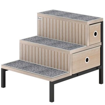 Pawhut Dog Stairs With Storage, Non-slip Cover, Pet Steps For Small Dogs & Older Cats, For Sofa, High Bed, Oak Tone
