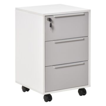 Homcom 3-drawer Locking File Cabinet Mobile Chest Of Drawers Side Table On Wheels For Home Office, Bedroom And Living Room