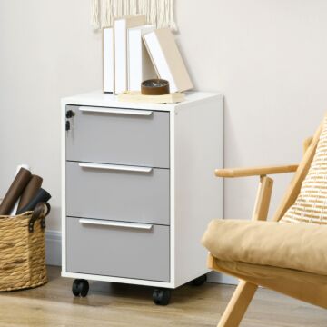 Homcom 3-drawer Locking File Cabinet Mobile Chest Of Drawers Side Table On Wheels For Home Office, Bedroom And