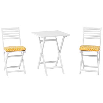 3 Piece Bistro Set White Solid Acacia Wood Yellow Cushions Folding Slatted Design Scandinavian Modern Beliani