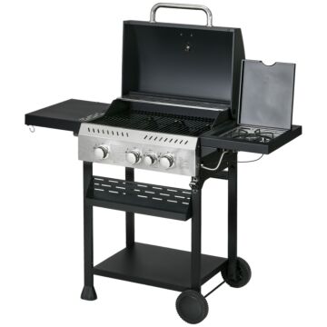 Outsunny Galvanised Steel 3+1 Gas Burner Bbq Grill Trolley, Black