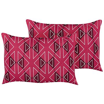 Set Of 2 Garden Cushions Pink Polyester Geometrical Pattern 40 X 60 Cm Rectangular Modern Outdoor Patio Water Resistant Beliani