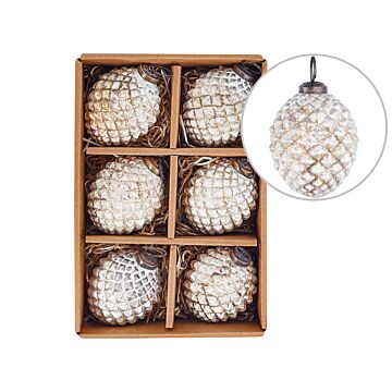 Set Of 6 Christmas Baubles Off-white Glass Hanging Distressed Effect Xmas Tree Balls Holiday Decor Beliani