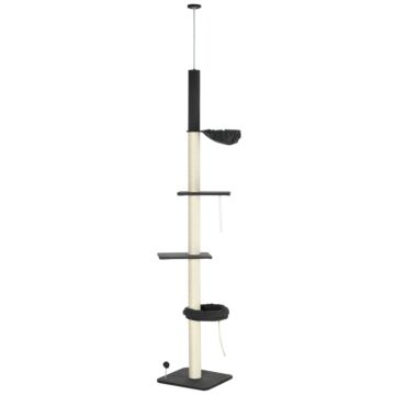 Pawhut Floor To Ceiling Cat Tree, 5-tier Height Adjustable Cat Climbing Tower With Scratching Post, Hammock, Bed For Indoor Cats, 240-270cm, Black