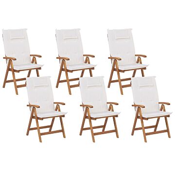 Set Of 6 Garden Chairs Light Acacia Wood With Off-white Cushions Folding Feature Uv Resistant Rustic Style Beliani