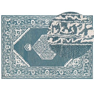 Area Rug White Blue Wool 160 X 230 Cm Flat Weave Hand Tufted Oriental Pattern Beliani