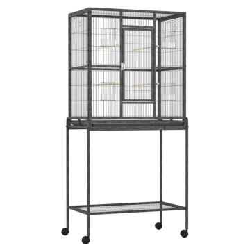 Pawhut Bird Cage Metal Canary Cages For Parakeet With Detachable Rolling Stand, Storage Shelf, Wood Perch, Food Container