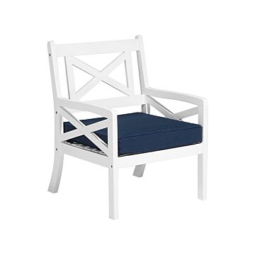 Garden Chair White Acacia Wood With Blue Seat Cushion Coastal Beliani