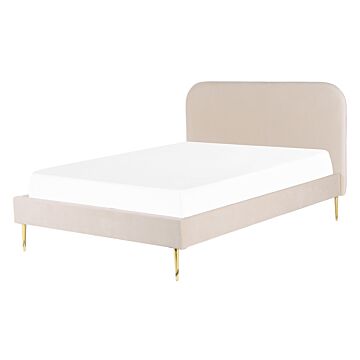 Bed Light Beige Velvet Upholstery Eu Double Size Golden Legs Headboard Slatted Frame 4.6 Ft Minimalist Design Beliani