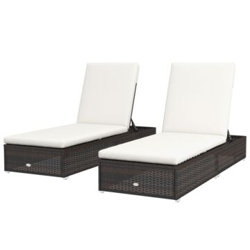 Outsunny Set Of Two Rattan Sun Loungers, With Reclining Backs - Brown/cream