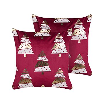 Set Of 2 Scatter Cushions Red Velvet Fabric 45 X 45 Cm Christmas Tree Pattern Removable Covers Living Room Bedroom Beliani