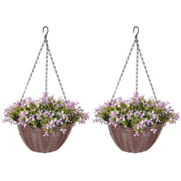 Homcom Artificial Flowers In Basket Set Of 2, Artificial Hanging Baskets With 75 Leaves And 15 Flowers In Pot, Decorative Plant For Home Office Decor, Purple