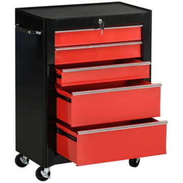 Homcom 5-drawer Tool Chest, Lockable Steel Tool Storage Cabinet With Wheels And Handle Tool Box For Garage, Workshop, Red
