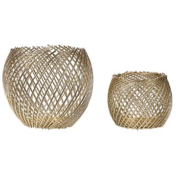 Set Of 2 Candle Holders Gold Metal Glamour Elegant Basket Shape Centerpiece Decoration Beliani