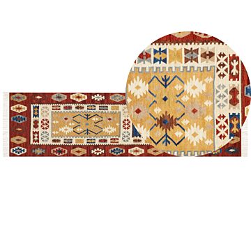 Kilim Runner Rug Multicolour Wool 80 X 300 Cm Hand Woven Flat Weave Oriental Pattern With Tassels Traditional Living Room Bedroom Beliani
