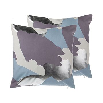 Set Of 2 Decorative Cushions Purple With Silver Abstract Pattern 45 X 45 Cm Paint Print Decor Accessories Beliani