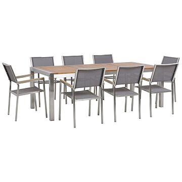 Garden Dining Set Light Eucalyptus Wood Top Steel Frame 220 X 100 Cm With 8 Grey Chairs Beliani
