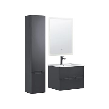 3 Piece Bathroom Furniture Set Black Mdf With Ceramic Basin Wall Mount Vanity Tall Cabinet Rectangular Led Mirror Beliani