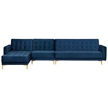 Corner Sofa Bed Navy Blue Velvet Tufted Fabric Modern L-shaped Modular 5 Seater Right Hand Chaise Longue Beliani